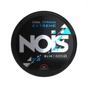 NOIS Cool Strong Extreme nicotine pouch can with a black design, featuring bold white and blue text, labeled "SLIM" and "50mg strength."