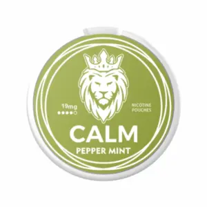 Calm Peppermint can with a minimalistic design in olive green and white.