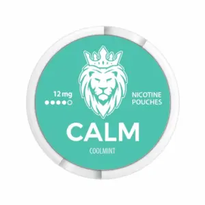Calm Cool Mint nicotine pouch can with a bold design in white and mint green.