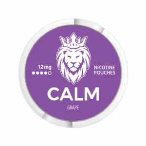 Calm Grape nicotine pouch can with a minimalistic design in grape and white.