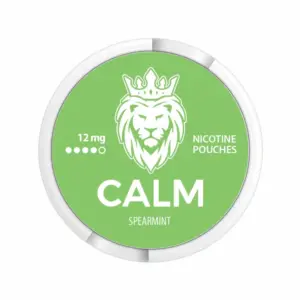Calm Spearmint nicotine pouch can with a minimal green and white design.