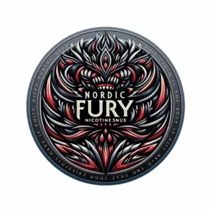 Nordic Fury nicotine pouch can with Viking-inspired design in black, red and silver