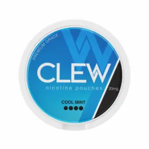 CLEW Cool Mint nicotine pouches packaging, featuring a blue and black design, labeled with "20mg" and "Premium Grade," emphasizing the Cool Mint flavor.