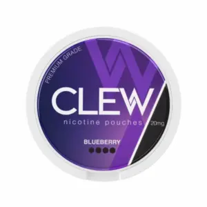 CLEW Blueberry nicotine pouches 20mg, premium grade, circular packaging featuring purple and black design with text "CLEW" and "BLUEBERRY".
