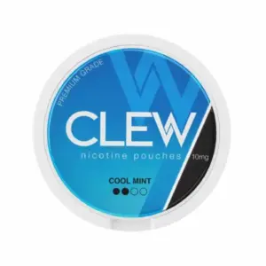 CLEW Cool Mint nicotine pouches 10mg packaging, featuring a blue and black design with the brand name "CLEW" prominently displayed, relevant to Black Friday nicotine pouch deals.