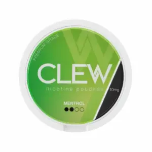 CLEW nicotine pouch canister featuring menthol flavor and 10mg nicotine strength, highlighting the brand name and product details.