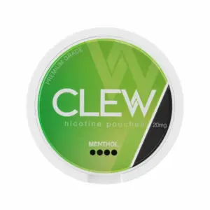 CLEW Menthol nicotine pouch can, 20mg strength, featuring a vibrant green design with white lettering, highlighting menthol flavor and premium grade.