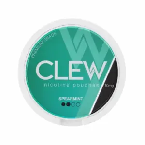 CLEW nicotine pouches container featuring spearmint flavor, labeled 10mg, with a premium grade design and a teal and black color scheme.