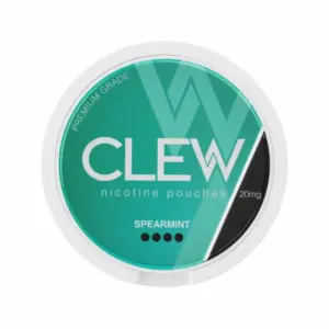 CLEW Spearmint nicotine pouches 20mg packaging, featuring a turquoise and black design, labeled with "SPEARMINT" and "PREMIUM GRADE."
