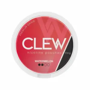 CLEW Watermelon nicotine pouches can, featuring 10mg strength, premium grade label, and vibrant red design.