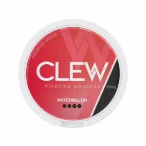CLEW Watermelon nicotine pouches, 20mg, featuring a vibrant red and black design, labeled with "WATERMELON" and "PREMIUM GRADE."