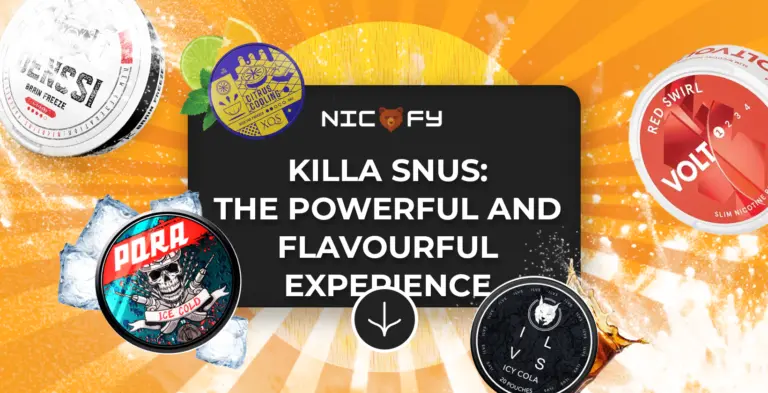 Killa Snus promotional graphic featuring various nicotine pouch brands including P.D.R.A., Volt, and others, with vibrant background and text highlighting a powerful and flavorful experience.