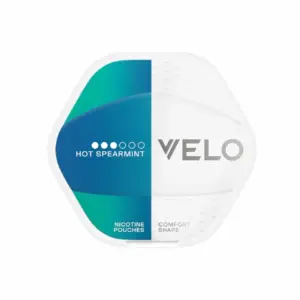 VELO Hot Spearmint nicotine pouches packaging featuring a sleek design with vibrant colors and clear branding, emphasizing tobacco-free convenience for users.