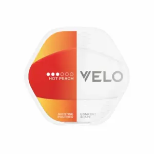 VELO Hot Peach nicotine pouches packaging featuring a vibrant orange and red design, emphasizing convenience and tobacco-free experience.