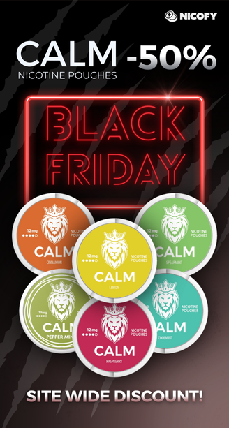 CALM sáčky CALM se slevou 50 % v různých příchutích, včetně skořice, citronu, máty peprné a malin, které Nicofy zdůrazňuje v pestré propagační grafice k Black Friday.