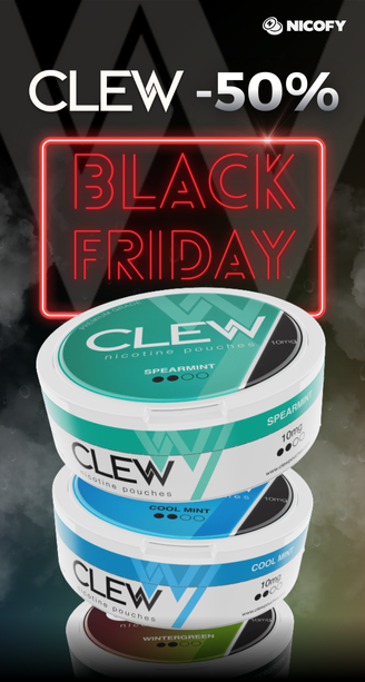 CLEW sáčky CLEW se slevou 50 % k Black Friday, v příchutích Spearmint, Cool Mint a Wintergreen, vyobrazené na tmavém pozadí s neonovým textem.
