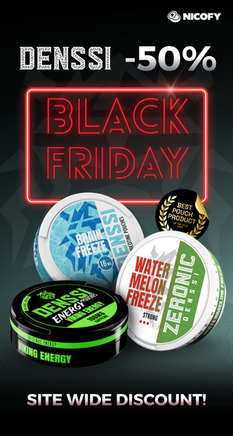 Denssi sáčky Denssi v příchutích Brain Freeze, Watermelon Freeze a Viking Energy s výrazným nápisem „BLACK FRIDAY –50 %“ a akcí na slevy na celý sortiment od společnosti Nicofy.