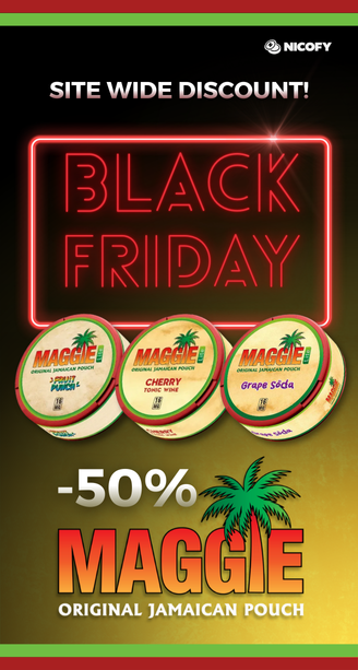 Propagační banner k Black Friday představující MAGGIE sáčky MAGGIE v příchutích třešeň a hroznová limonáda, který upozorňuje na 50% slevu a celoplošný výprodej na webu Nicofy.