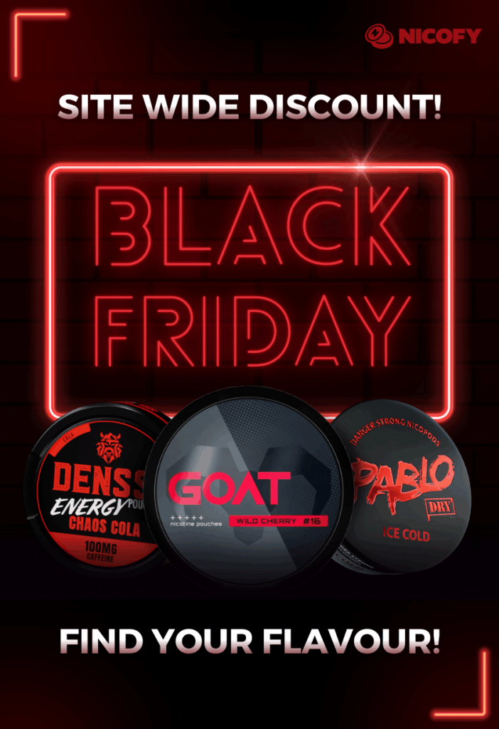 Propagační obrázek společnosti Nicofy k akci Black Friday, na kterém jsou vyobrazeny nikotinové sáčky: Denssi Chaos Cola, Goat Cherry a Pablo Ice , s výrazným textem hlásajícím „Slevy na celý sortiment!“ a „Najděte si svou příchuť!“ na pozadí červeného neonového pozadí.