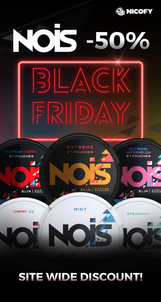 NOIS sáčky NOIS s neonovým nápisem „BLACK FRIDAY“, které představují příchutě jako Extreme Cherry, Mint a Spearmint a upozorňují na 50% slevu na celý sortiment v rámci výprodeje Nicofy k Black Friday.