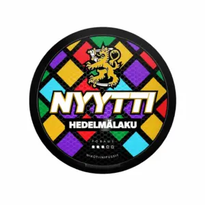 Nyytti Hedelmälaku nicotine pouch can featuring colorful diamond pattern, brand name "Nyytti," and a lion logo, representing fruity licorice flavor with 9.6mg nicotine per pouch.