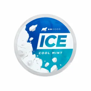 ICE Cool Mint nicotine pouch can with a blue and white design, featuring the ICE logo and icy elements, reflecting the fresh Arctic-inspired flavor.