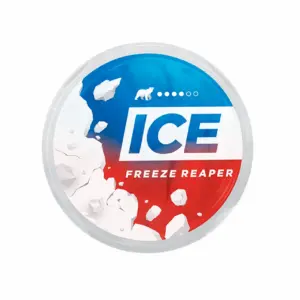 ICE Freeze Reaper nicotine pouch can featuring a blue and red design, with ice and snow graphics, emphasizing mint and chili flavor, 11.55 mg nicotine per pouch.