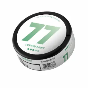 Nicofy nicotine pouch can labeled "77 Peppermint," featuring a white and green design, showcasing flavor and nicotine strength details.