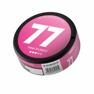 Nicofy nicotine pouch can labeled "77 Pink Punch," featuring a vibrant pink design with bold white text, indicating flavor and brand, relevant to nicotine pouches with 10.4 mg per pouch.