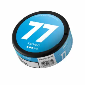 Nicotine pouch can of 77 Ice Mint flavor, featuring a blue design with the number 77 prominently displayed, suitable for users seeking a refreshing mint experience.