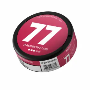 77 Raspberry Ice nicotine pouch can, featuring bold pink design, flavor label, and product details.
