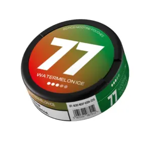 77 Watermelon Ice nicotine pouch can, featuring vibrant green and orange gradient design, labeled with "77" and "WATERMELON ICE," indicating flavor and product type.