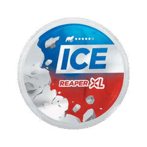 ICE Reaper XL nicotine pouch can, featuring a blue and red design with the text "ICE" and "Reaper XL," representing a strong mint and menthol flavor option for consumers.