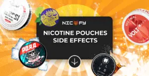 Nicofy nicotine pouches with various flavors and designs, highlighting side effects, against a vibrant orange background.