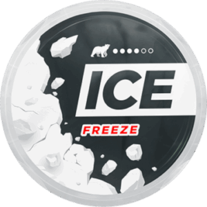ICE Freeze nicotine pouch can top view, featuring bold "ICE" and "FREEZE" branding, surrounded by ice-themed graphics, relevant to Nicofy’s product offerings.