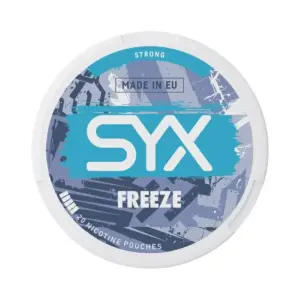 SYX Freeze nicotine pouch can, featuring a strong frozen mint flavor, 20 pouches per can, designed for users seeking nicotine alternatives.