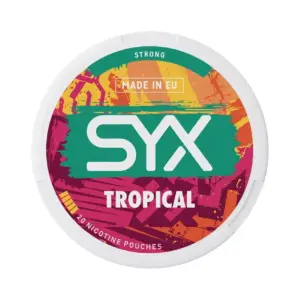 SYX Tropical nicotine pouches container, featuring vibrant design and text indicating 'Tropical', 'Strong', and 'Made in EU', with 20 pouches per can.
