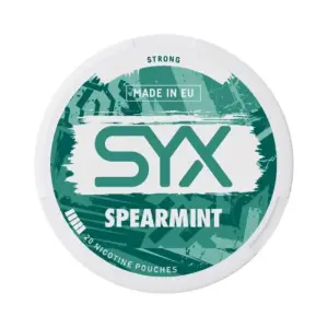 SYX Spearmint Strong nicotine pouch can, featuring bold green and white design, labeled "Strong" and "Made in EU," containing 20 pouches.