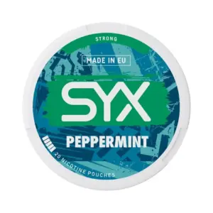 SYX Peppermint Strong nicotine pouch can, featuring a vibrant blue and green design, labeled "Strong" and "Made in EU," containing 20 pouches.