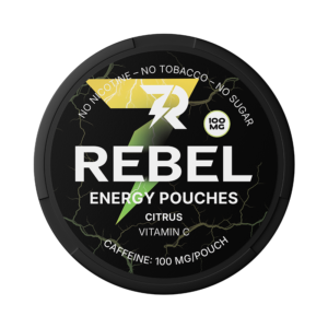 REBEL Energy Pouches Citrus flavor, featuring caffeine content of 100 mg per pouch, highlighting no nicotine, no tobacco, and no sugar, with vitamin C benefits.