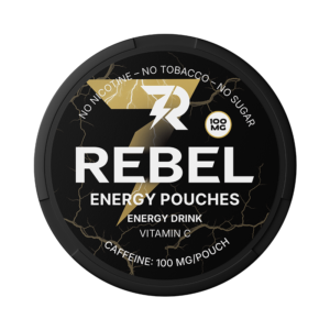 Rebel Energy Pouches packaging featuring a black circular container with gold accents, labeled with "REBEL ENERGY POUCHES," highlighting caffeine content of 100 mg per pouch, and stating "No nicotine - No tobacco - No sugar."