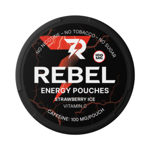REBEL Energy Pouches Strawberry Ice flavor, featuring caffeine content of 100 mg per pouch, no nicotine or sugar, and vitamin C, in a circular black container with bold logo design.