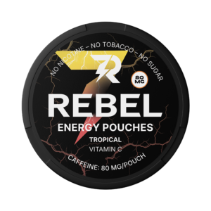 Rebel Energy Pouches Tropical flavor, featuring caffeine content of 80 mg per pouch, labeled with "No Nicotine - No Tobacco - No Sugar" and enriched with Vitamin C.