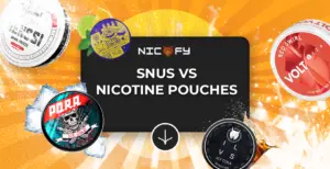 Nicofy logo with "Snus vs Nicotine Pouches" text, surrounded by various nicotine pouch brands and a vibrant orange background, highlighting modern tobacco-free nicotine alternatives.