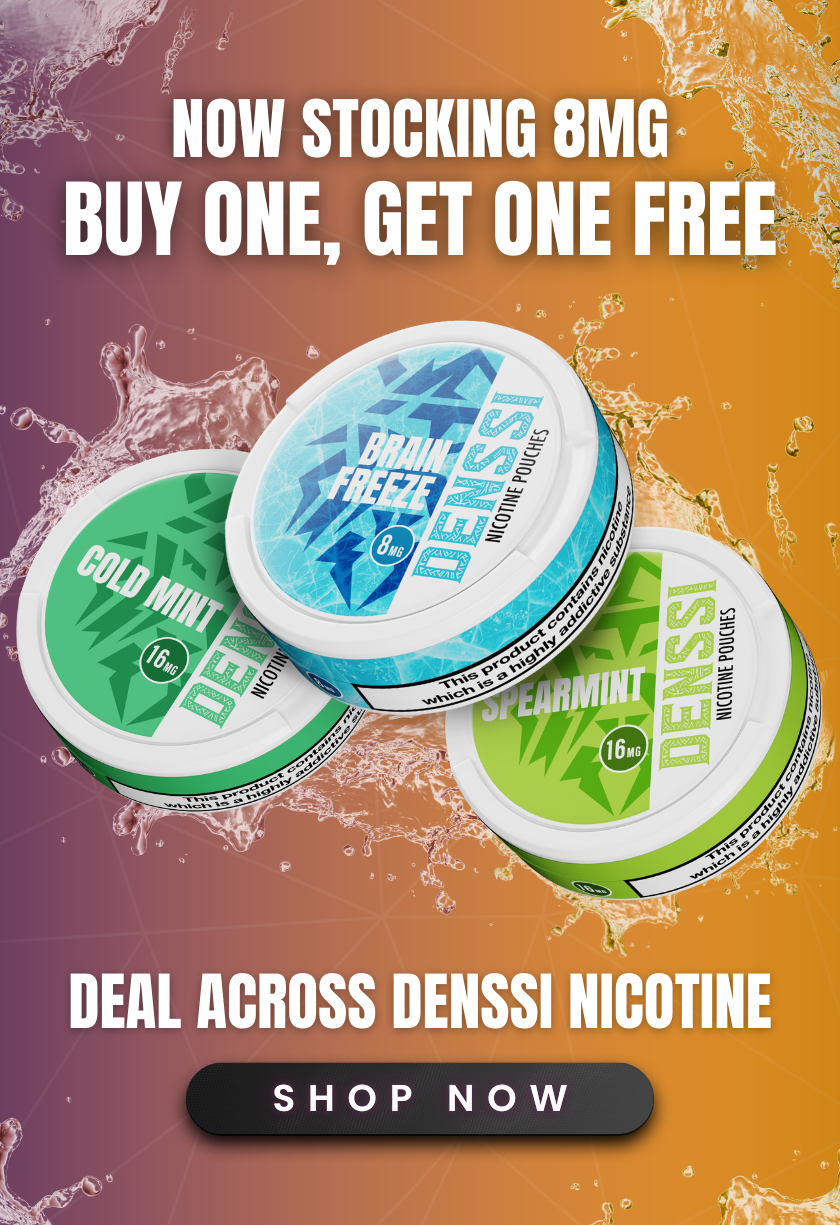 Nicotine pouches from Denssi featuring Brain Freeze, Cold Mint, and Spearmint flavors with promotional text highlighting "Buy One, Get One Free" and "Now Stocking 8mg."