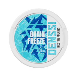 Denssi Brain Freeze nicotine pouches can, featuring an icy blue design and labeled with 8 mg nicotine content, ideal for users seeking a mint flavor alternative.