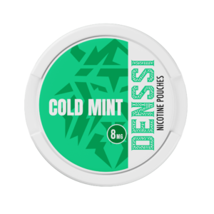 Denssi Cold Mint nicotine pouch canister, featuring bold text "COLD MINT" and "8mg," representing a refreshing flavor option for nicotine users.