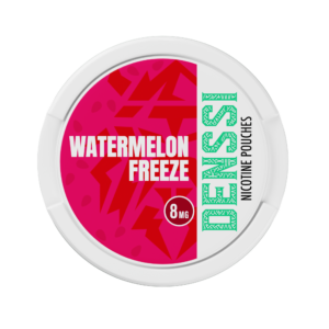 Denssi Watermelon Freeze nicotine pouches can, featuring 8 mg nicotine strength, vibrant pink design with bold text, and graphical elements.