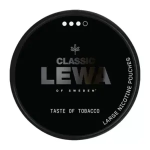 Lewa Classic nicotine pouch canister featuring "Taste of Tobacco" label, black design, and details on nicotine content and pouch size.