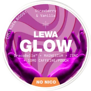 LEWA GLOW Strawberry & Vanilla nicotine pouch, featuring a vibrant design with hands and text highlighting collagen boost, caffeine content, and no nicotine.